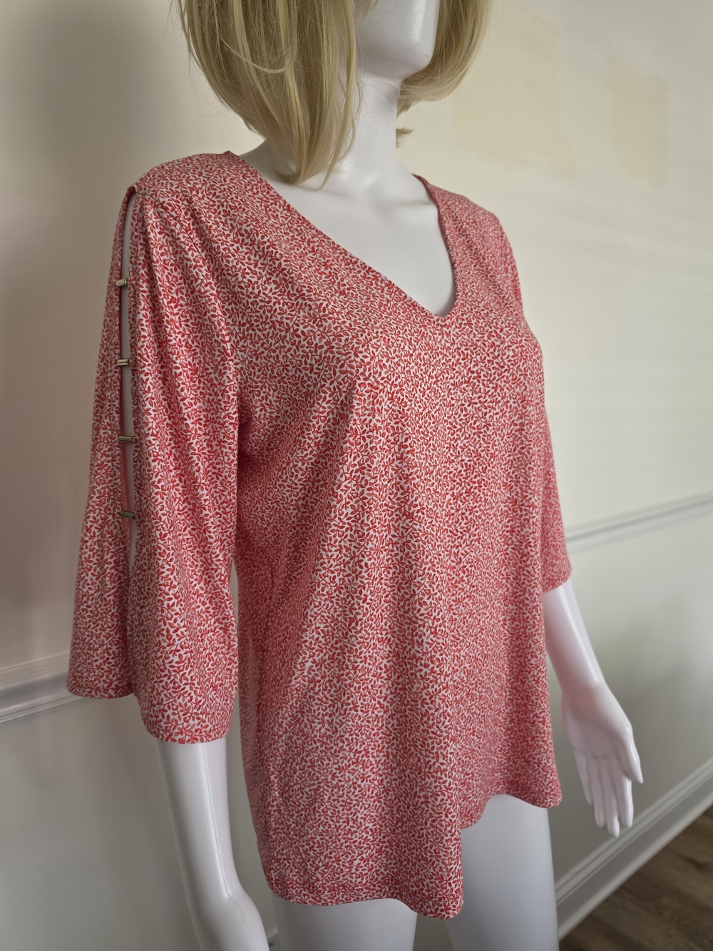Michael Kors Pink-Red Patterned V-Neck Top with Bar-Detail Sleeves